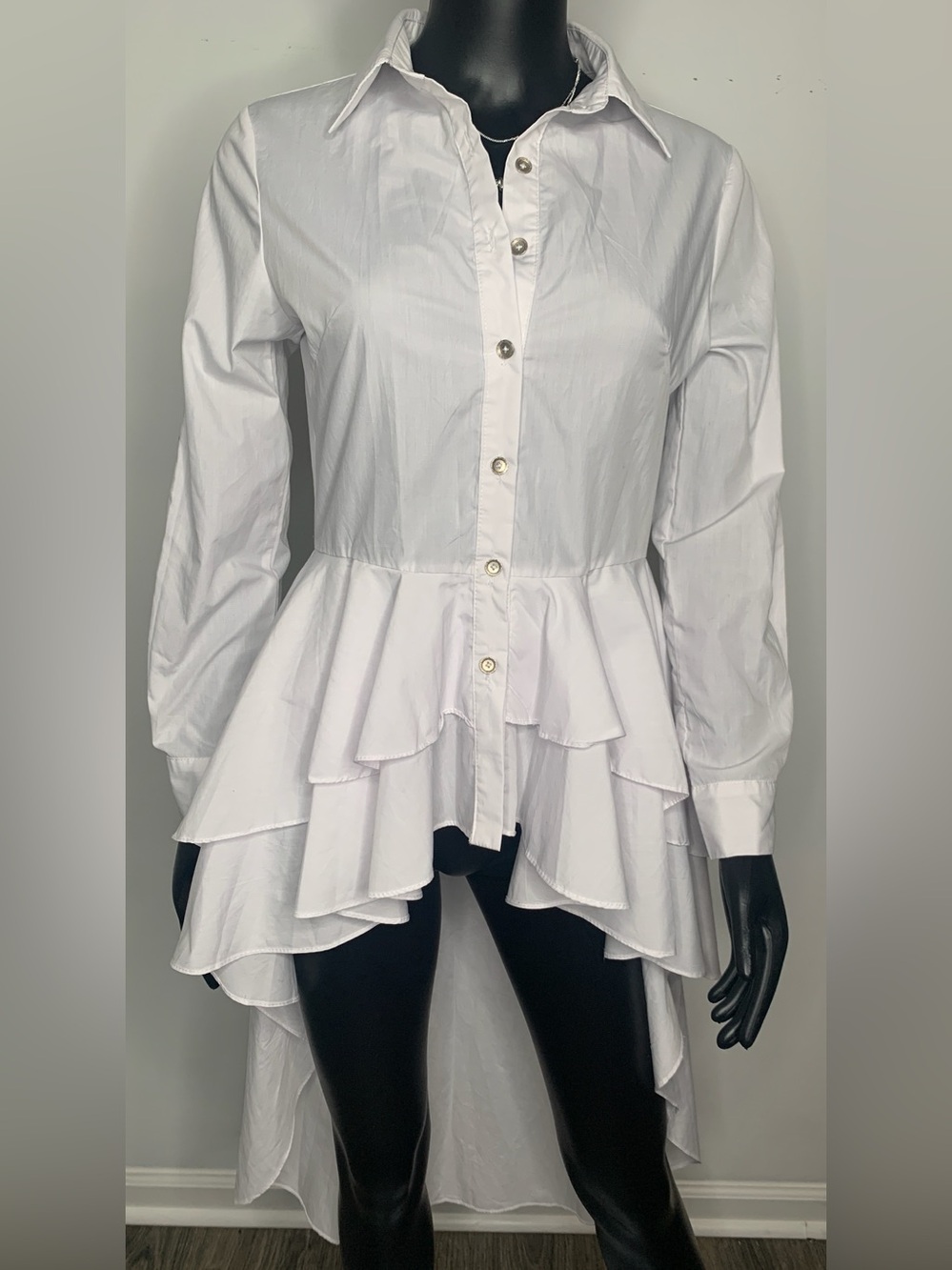 White Ruffled High-Low Button-Down Shirt - Picture 2 of 7